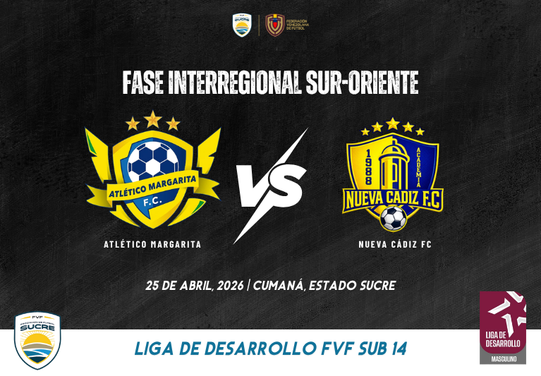 Atlético Margarita vs Nueva Cádiz FC 23 abril Fase Interregional de la Liga de Desarrollo FVF Sub 14 2026